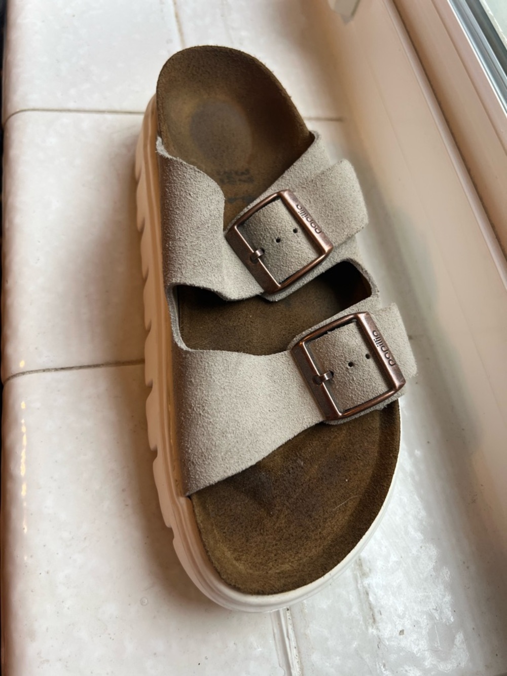 Papillio Taupe Suede Double Buckle Slide Sandals with White Sole - Picture 6 of 7